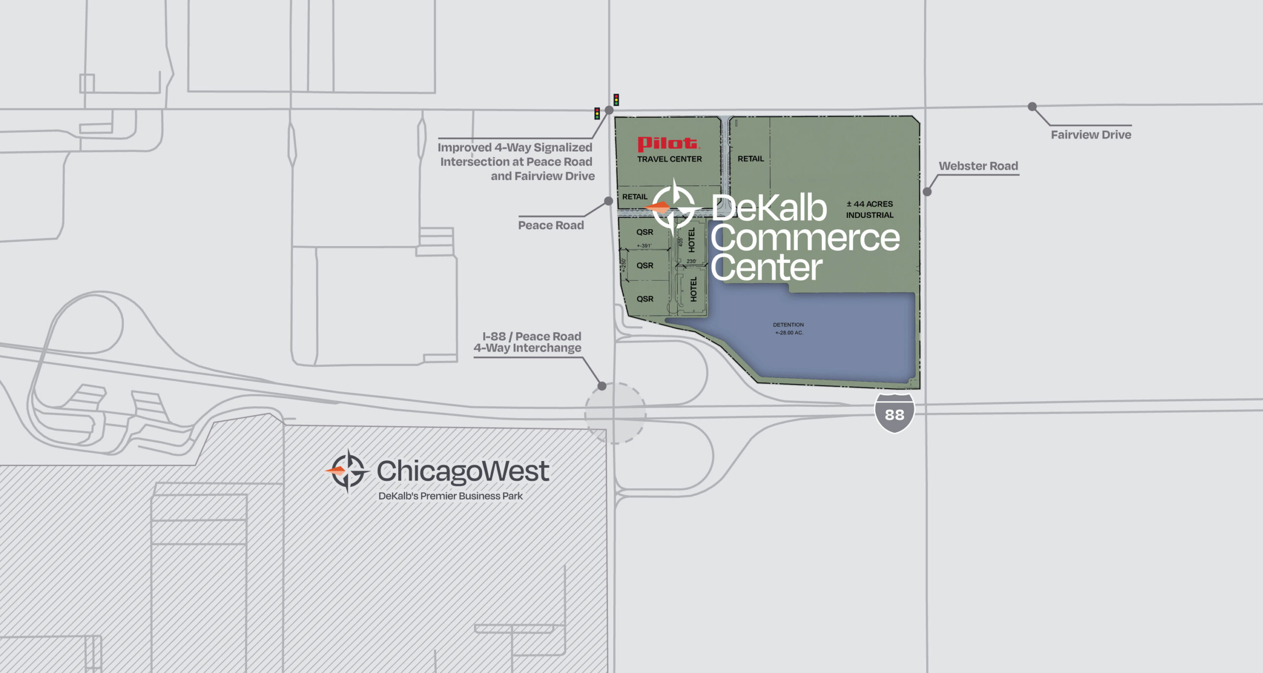 DeKalb Commerce Center master plan showing the 114-acre shovel-ready development area